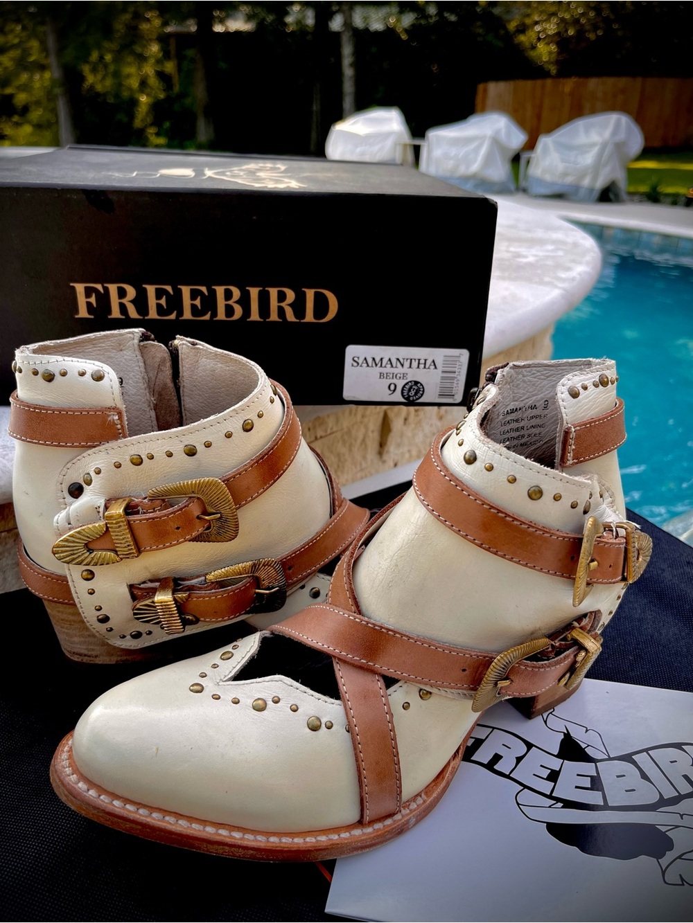 NWT Freebird Cream & Tan Leather Buckle Ankle Booties with Gold-Tone Hardware - Picture 7 of 7